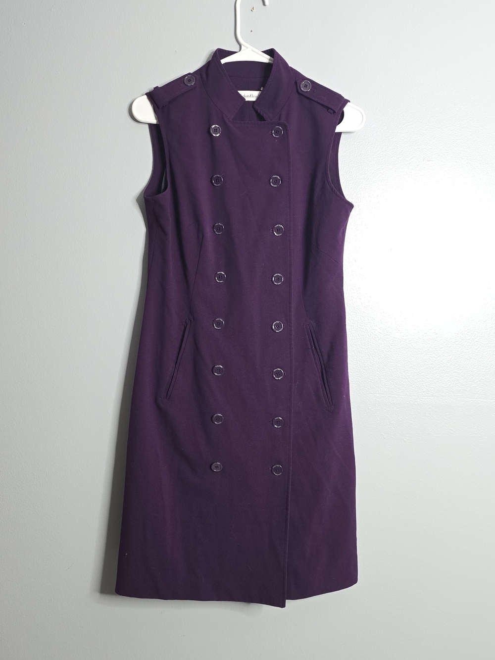 Calvin Klein Deep Purple Sleeveless Double-Breasted Trench Dress
